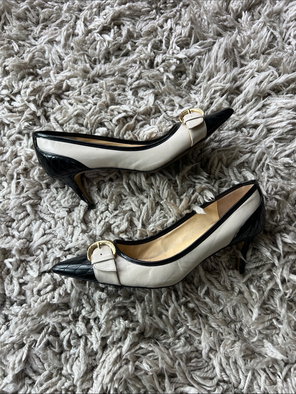 Ivanka Pointed Toe Two-Tone Buckle Pumps - White/Black
